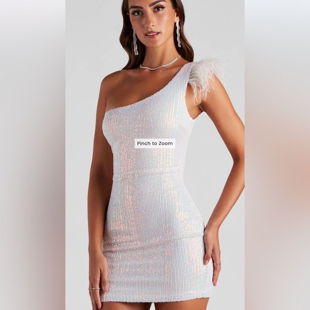 Iridescent One-Shoulder Dress with Feather Detail (Windsor)